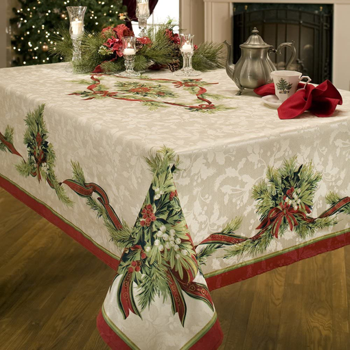 Picture of Benson Mills Christmas Ribbons Engineered Printed Fabric Tablecloth, 52-Inch-by-70 Inch