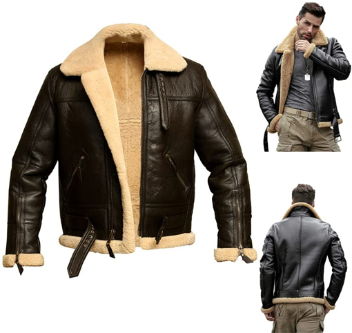 Picture of Men's Aviator Real Leather Jacket Coat, Fur Collar Real Sheepskin Leather Jacket, Lapel plus velvet thick fit zipper Leather Winter Jacket