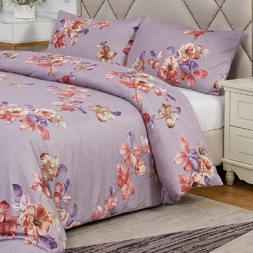 Picture of Novali® Ultra Soft Microfiber Printed Duvet Set with 2 Pillowcases - Non-Iron Wrinkle Free Fabric Reversible Quilt Bedding - Corner Ties Zipper Closure Cover 100% Polyester Orchid Super king