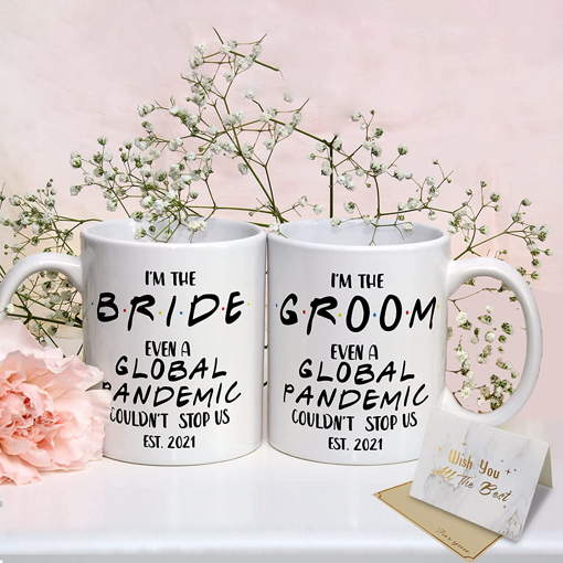 Picture of Coffee Mugs Gifts Set for Bride and Groom Wedding Anniversary Married Couples Engagement Gift Bride Women Bridal Shower I'm The Bride / Groom Even A Global Pandemic Couldn't Stop US EST.2021