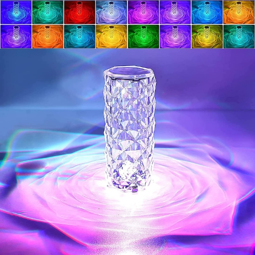 Picture of Crystal Diamond Table Lamp 16 Color Changing RGB Touch Control Bedside Lamp USB Romantic Rose Acrylic 3D Night Light with Remote