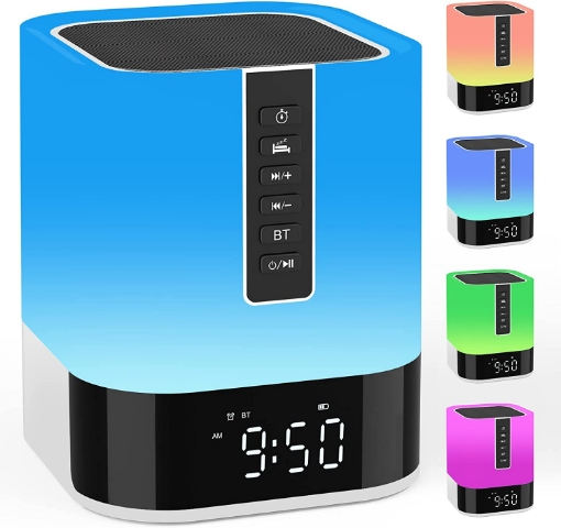 Picture of Night Light Bluetooth Speaker Alarm Clock Upgraded Touch Sensor Bedside Table Lamp Noise Machine, RGB Colour Changing Dimmable Bedroom Light, Gift for Kids Teens Girls Boys