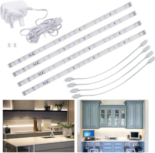 Picture of LED Under Kitchen Cupboard/Cabinet Strip Lights, Linkable Plug in Light Bars for Shelf (Cool White, 4 x 30cm)