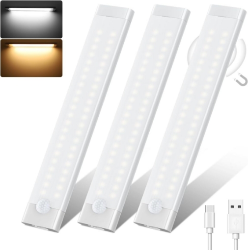 Picture of 72 LED Under Cabinet Kitchen Light, 30cm Motion Sensor Lights Indoor, 2000mAh Type-C Rechargeable Dimmable Night Light with Magnetic Strip for Stairs, Hallway, Kitchen, Garage, 3 Pack