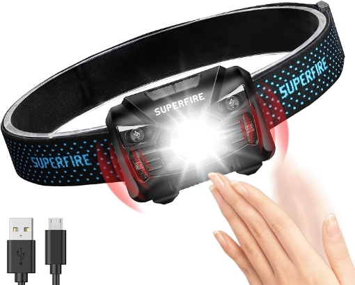 Picture of Head-Torch Rechargeable Sensor Headlamp Ultra Light Super Bright 650 Lumens LED Head Torch Headlight with Motion Sensor Red Light, 5 Modes