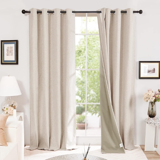 Picture of Blackout Curtains Faux Linen Thermal Curtains for Winter, Insulated Blackout Eyelet Curtains for Bedroom W46 x L54 Inch Taupe One Pair