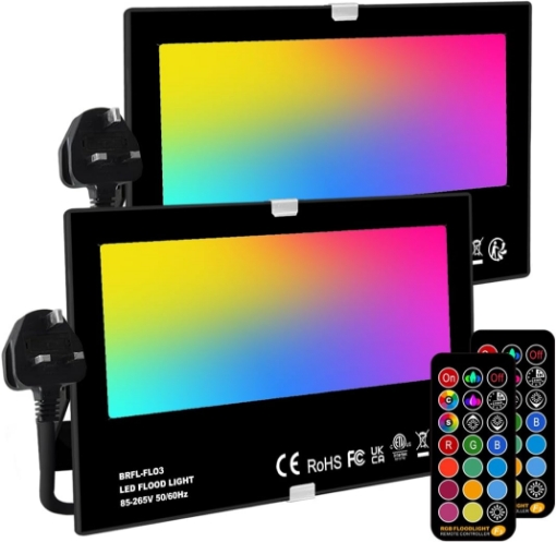 Picture of 50W LED Floodlight Outdoor, Colour Changing Flood Lights with Remote Control, 12 RGB Colours, Timing, 4 Modes, IP66 Waterproof, UK 3-Plug, 2 Pack 