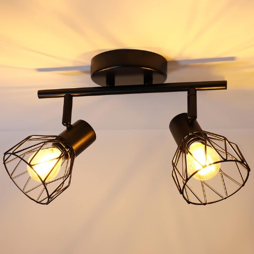 Picture of Spot Light Fittings for Ceilings Adjustable in Matt Black Wire Cage Wall Spotlights with E14 Base Kitchen Spot Lights Industrial 2 Way Ceiling Light Bar for Indoor