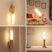 Picture of Wooden Wall Light with Motion Sensor Indoor, USB Rechargeable Indoor Wall Lamp Cabinet Lights, Warm White Wireless Battery LED Wall Light Indoor with Switch